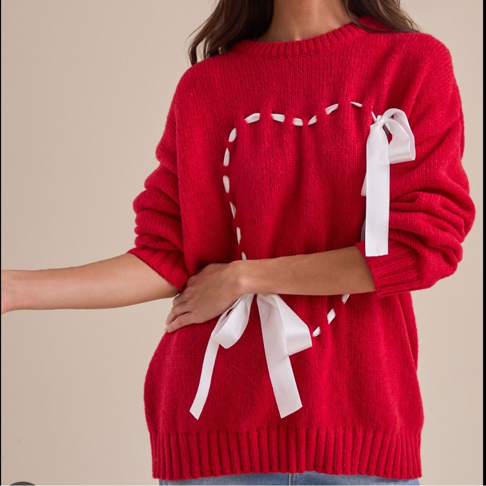 Altar’d State Red Heart Sweater with White Bow Accents